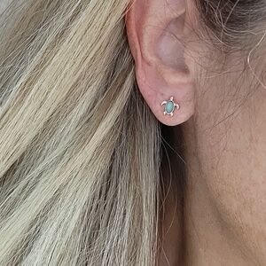 Tiny Turtle Stud Earrings with Green Stone